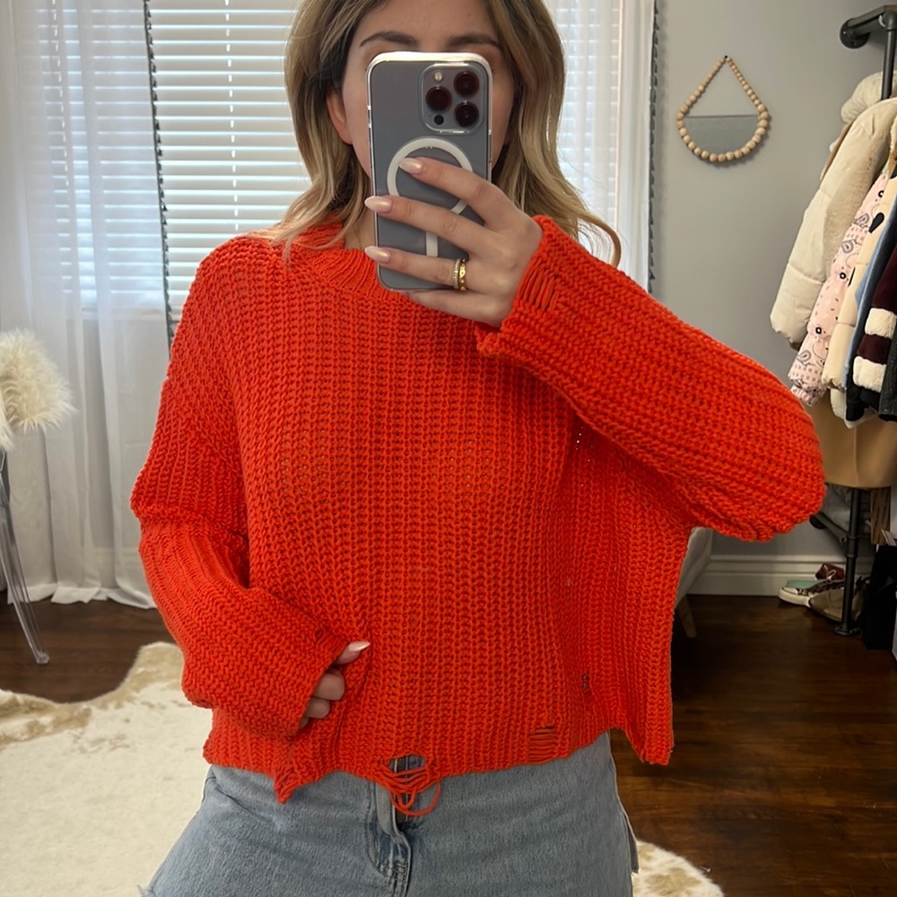 Zara Orange Distressed Knit Sweater